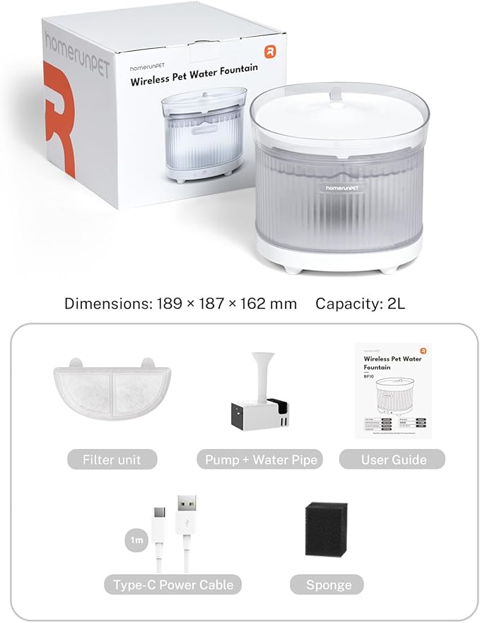 HomeRunPet Cat Water Fountain, Cordless Pet Fountain 30-Days Battery Operated, 2L/68oz Water Fountains for Cats Indoor, Cat Fountain with Quiet Wireless Pump & Easy-Clean Detachable