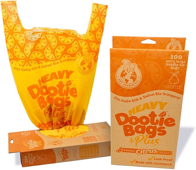 HEAVY Dootie Bags +Plus a Hint of Citrus Scent with EZ Tie Handles. For Pet Dog Poop, Cat Litter. Multi-Use. Fits Swivel Bin and Gogo Stik Scoopers. Made with Cornstarch. Strong, Leakproof, Very Large