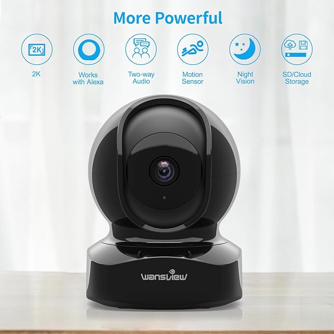 Wansview Security Camera Indoor, 360 Degree WiFi Home Security Cameras for Pet/Dog/Nanny, 2 Way Audio Night Vision, Works with Alexa, with TF Card Slot and Cloud, 2.4Ghz, Q5 (Black, 3MP)