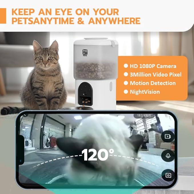 Romiromi Automatic Cat Feeder with Camera and Water Fountain 1080P HD Video 2.4G&5G WiFi Timed Auto Feeder with APP Control,Multiple Cats, Detachable for Easy Clean-White