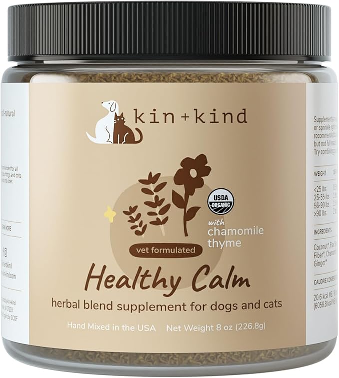 kin+kind Healthy Calm Supplement for Dogs & Cats - Vet Formulated Natural Formula with Organic Chamomile, Thyme, Apple Pomace, Ginger and Coconut- Made in USA - 8 oz (Large)