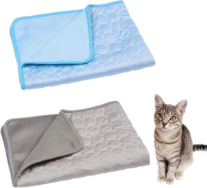Wontee Dog Cooling Mat Pet Ice Silk Pad Washable Summer Sleeping Bed for Crate, Bed, Sofa, Indoor & Outdoor Floor, Car Seats (Blue + Grey, S)