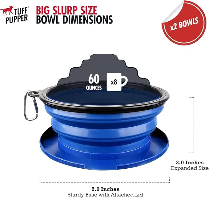 Tuff Pupper SuperBigSlurp Collapsible Dog Bowls | Two Pack Bowls | Extra Large Capacity | Portable, Food Safe, Odorless | Non-Toxic Silicone [Two Pack Blue Bowls 60oz]