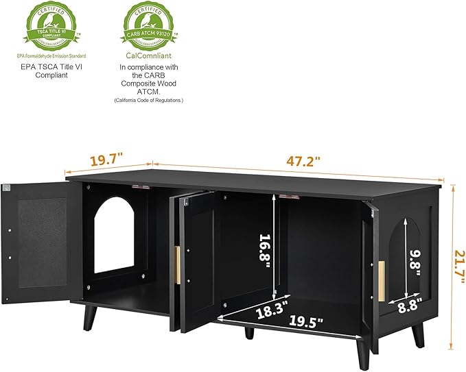 Homhedy Boho Cat Litter Box Enclosure for 2 Cats, Wooden Cat Washroom Furniture with Double Rattan Decorated Doors, Pet House,47.2”L x 19.7”W x 21.7”H, Black and Natural