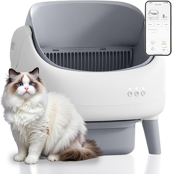Open-Top Self Cleaning Litter Box, Automatic Litter Box with Dual Safety Sensors, Anti-Pinch Protection, Large Capacity, APP Control, White-Grey