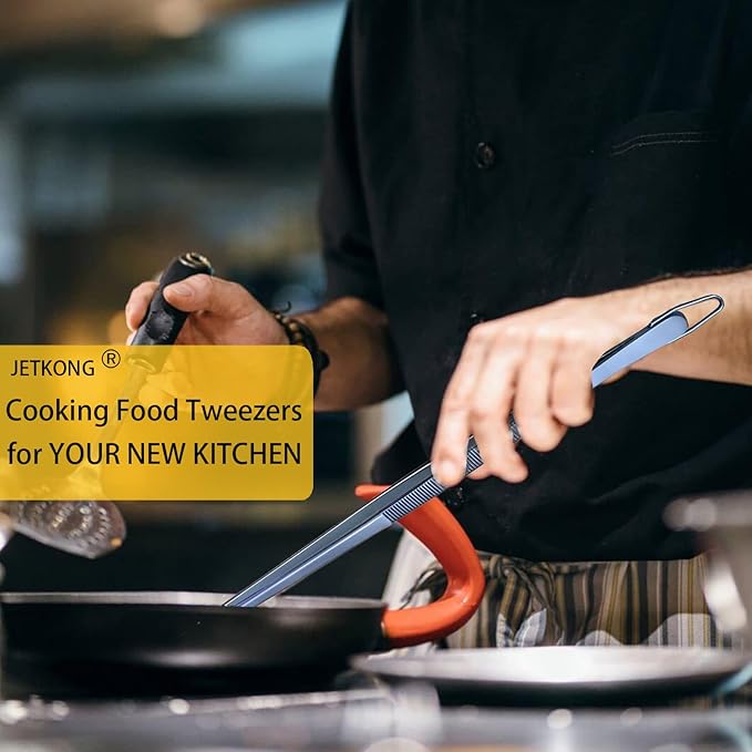 JETKONG 2 Pcs 12-Inch Cooking Tweezer Tongs Stainless Steel Kitchen Tweezers Plating Tongs (Navy Blue)