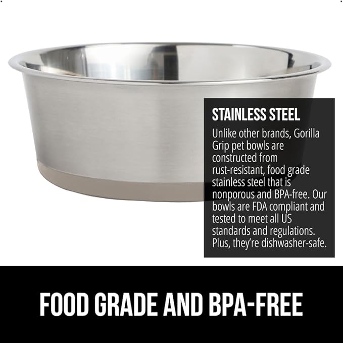 GORILLA GRIP Set of 2 Dog Bowls, Heavy Duty Metal Food and Water Bowl for Feeding Dogs and Cats, Dishwasher Safe, Rust Resistant Stainless Steel, BPA Free Rubber Base, Holds 1 Cup (8 fl oz), Beige