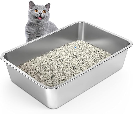 Stainless Steel Cat Litter Box, 6in Cat Litter Pan for Large Cats and Rabbits, Extra Large Metal Litter Box High Sides Odor Control Anti-Corrosion Nonstick