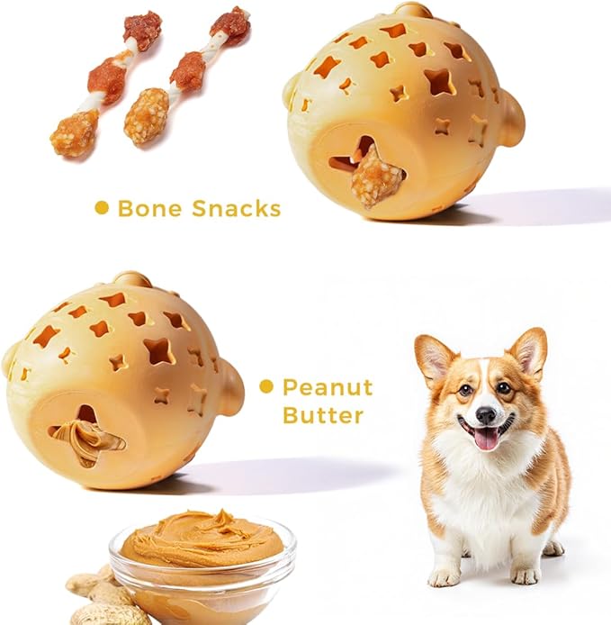 MewaJump Stuffed Dog Toy Treat Dispenser Dog Toy Puzzle Rubber Chew Toys Treat Food Dispensing Toys for Teeth Cleaning Ball Interactive Enrichment Toys for Puppy, Small, Medium, Large Breeds