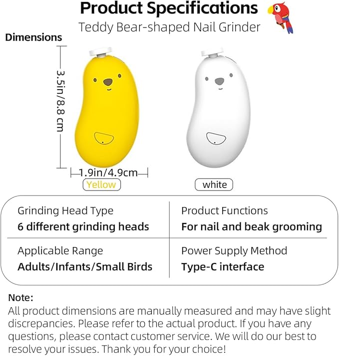 MANON ROSA Bird Nail Grinder, Bird Beak Grinder- Safe and Quiet Bird Nail Care Tool, Complete Grooming Kit for Parrots Conures Cockatiels Finches Parakeets, Premium Beak Maintenance (White)