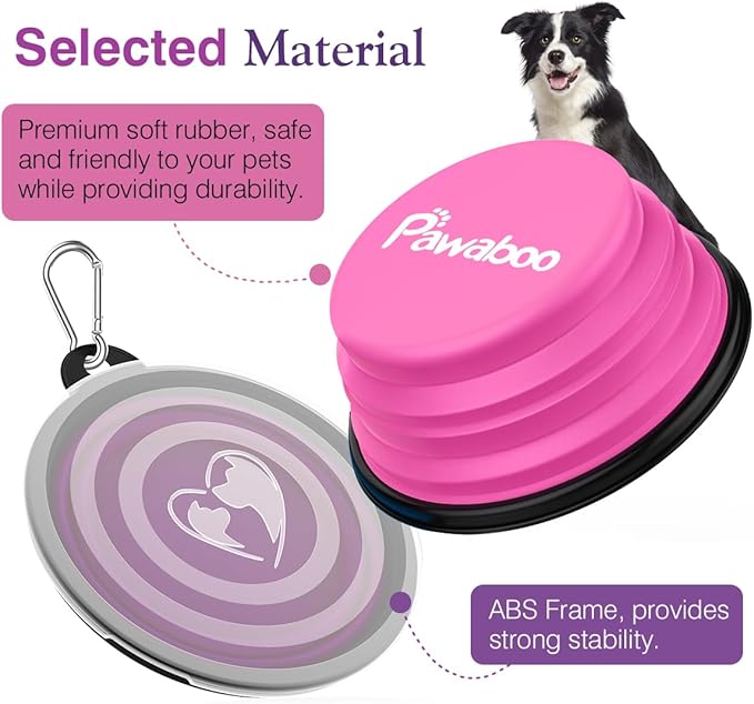 Pawaboo Collapsible Dog Bowls 2 Pack, Silicone Feeding Watering Bowls with Lids & Carabiners for Dogs Cats, Portable Water Feeder Food Bowl for Walking Traveling Home Use, Pink + Purple