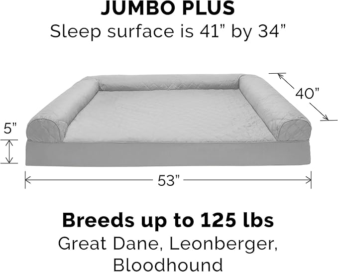 Furhaven Cooling Gel Dog Bed for Large Dogs w/ Removable Bolsters & Washable Cover, For Dogs Up to 125 lbs - Quilted Sofa - Silver Gray, Jumbo Plus/XXL