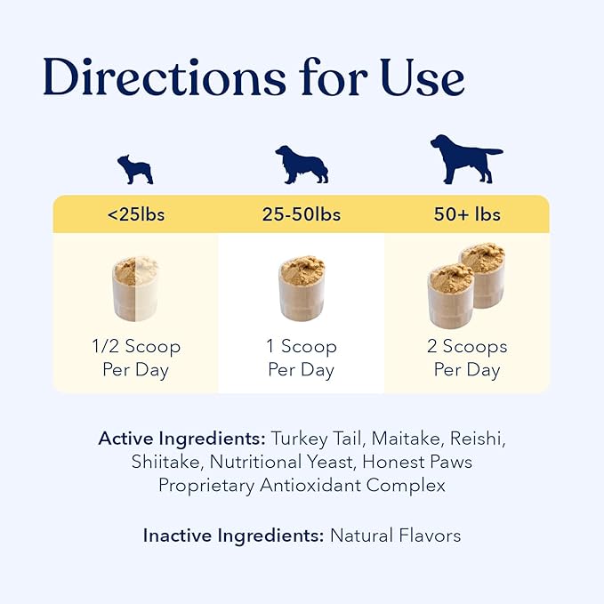 Honest Paws Turkey Tail Mushroom for Dogs - Digestive and Immune Support - Shiitake, Reishi, Maitake Mushroom Supplement Powder for Dogs - No Filler, No Additives - (30 Scoops)