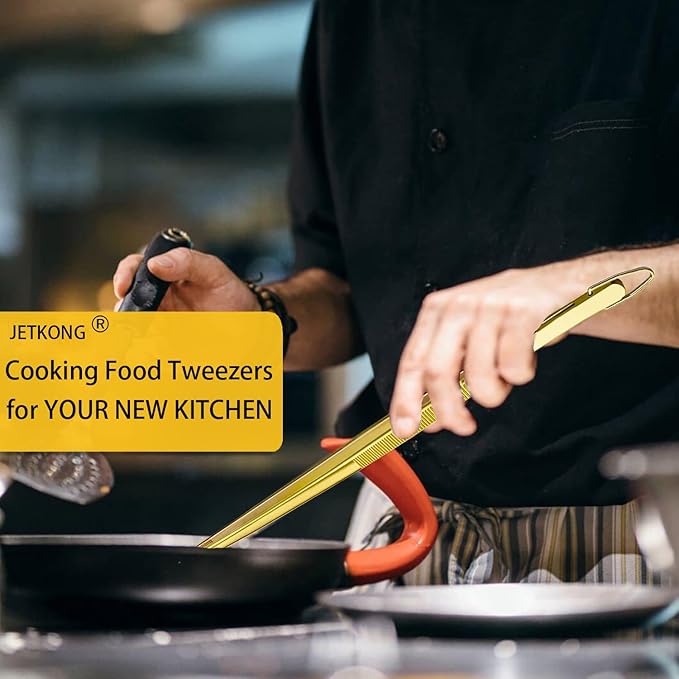 JETKONG 2 Pcs 12-Inch Cooking Tweezers Stainless Steel Food Tweezers Kitchen Tweezer Tongs (Gold)