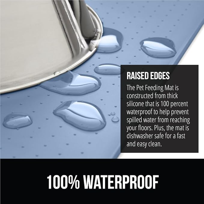 GORILLA GRIP 100% Waterproof Raised Edge BPA Free Silicone Pet Feeding Mat, Dog Cat Food Mats Contain Spills Protects Floors, Placemats for Cats and Dogs Water Bowl, Pets Accessories 18.5x11.5 Blue
