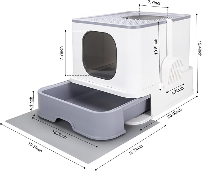 RIZZARI Cat Litter Box Stainless Steel Top-Entry : Leak-Proof Enclosed Design Reduces Odor, for Indoor Cats & Owners (White)