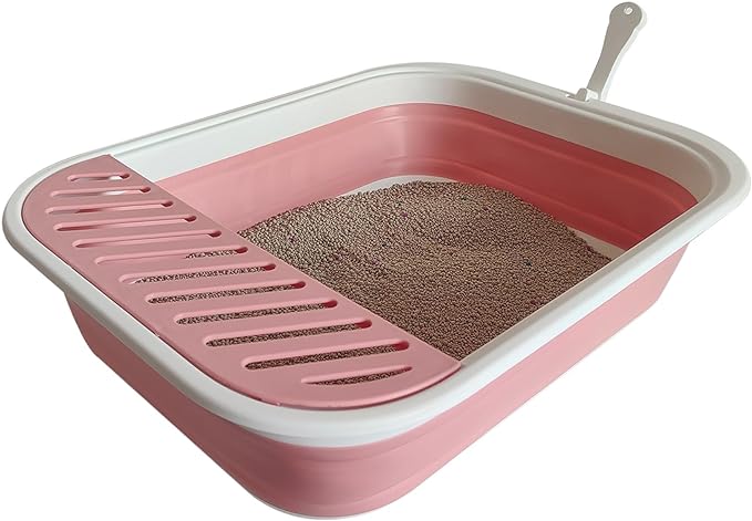 Collapsible Small Cat Litter Box for Kittens Open Potty Pan Travel Foldable Waterproof Shallow Anti-Splash Removable Semi-Enclosed Kitten Kitty Puppy Small Animals Senior Pet (Pink)