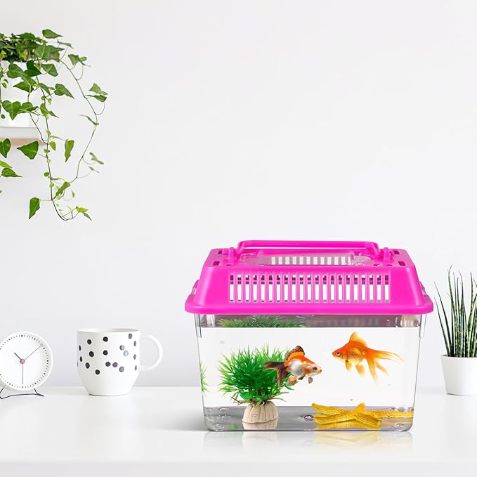 HANABASS Mini Fish Tank with Lid, Handheld Transparent Fish Box, Plastic Small Transparent Aquarium with Handle, Turtle Tortoise Habitat Tank, 5.9x4.3x3.7 Inches