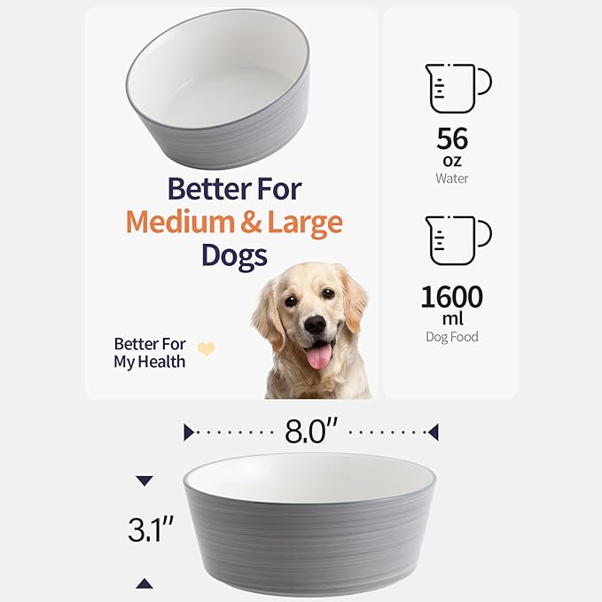 Grey White Dog Bowl Ceramic for Medium Large Breed, Heavy Weighted Dog Food Water Feeder Dish, 8 in Non - Slip Modern Cute Extra Big Porcelain Pet Bowl Maze Wide Mouth