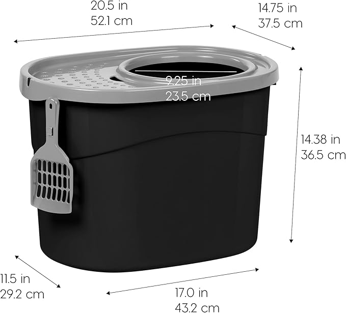 IRIS USA Top Entry Cat Litter Box, Large Enclosed with Litter Catching Lid and Scoop, Dog Proof, Cat Litter Box, Black/Gray