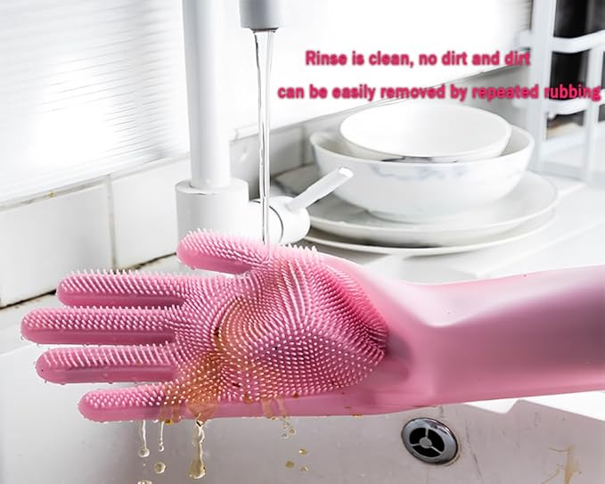 2 pairs Silicone Dishwashing & Pet Grooming Gloves - 2-in-1 Heat Resistant Gloves with High-Density Teeth, Enhanced Five Finger Design for Bathing, Cleaning Dishes, Cars, Dogs & Cats (Pink)
