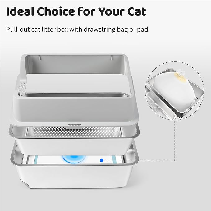 Stainless Steel Litter Box, 23.6" L x 15.7" W Drawer Type Semi-Enclosed Cat Litter Box with Sifting Pan, Scoop for Big Cat Easy Cleaning