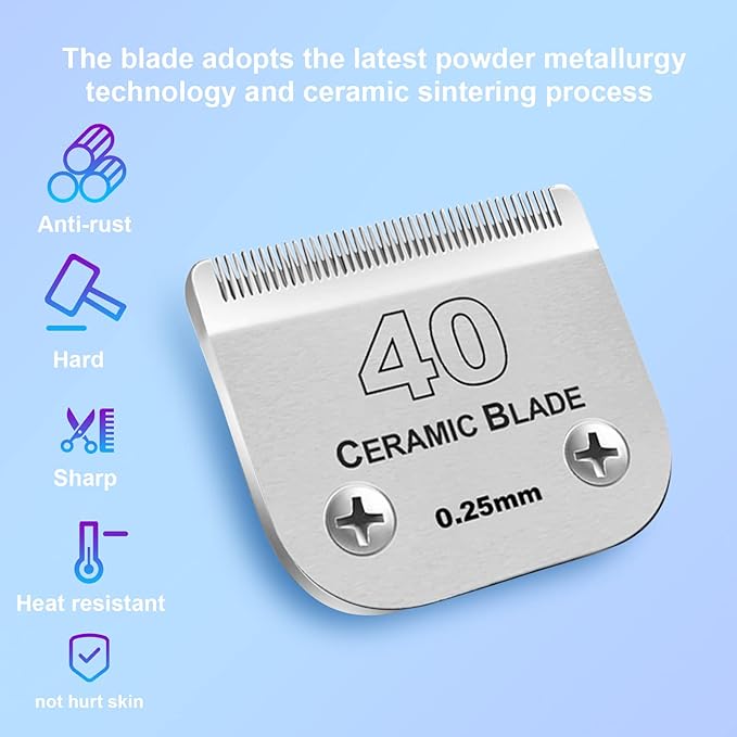 10 Pcs Detachable Pet Dog Grooming Clipper Ceramic Blade Sets,Compatible with Andis Size 40 1/100"(0.25mm),Compatible with andis/Oster A5,Wahl KM10 Series Clippers