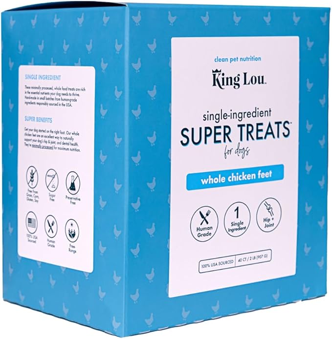 King Lou Pets - Whole Chicken Feet for Dogs - Dog Treats - Small to Large Dogs - USA-Made Dehydrated Chicken Feet Treats - Collagen, Glucosamine, Chondroitin for Hip and Joints - 40 Count