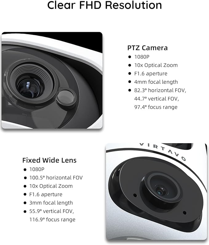 virtavo XD1 Indoor Security WiFi Camera, Wireless, Dual-Lens 360° PTZ Baby Monitor & Pet Cam, Motion Tracking, 2-Way Audio, Night Vision, Cloud/SD Storage, Phone App, Plug-in Power