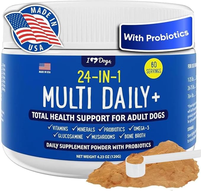 iHeartDogs 24-in-1 Adult Dog Multivitamin Daily+ Total Health Support Powder with Probiotics, Omega-3, Glucosamine, Mushrooms & Bone Broth - 60 Servings