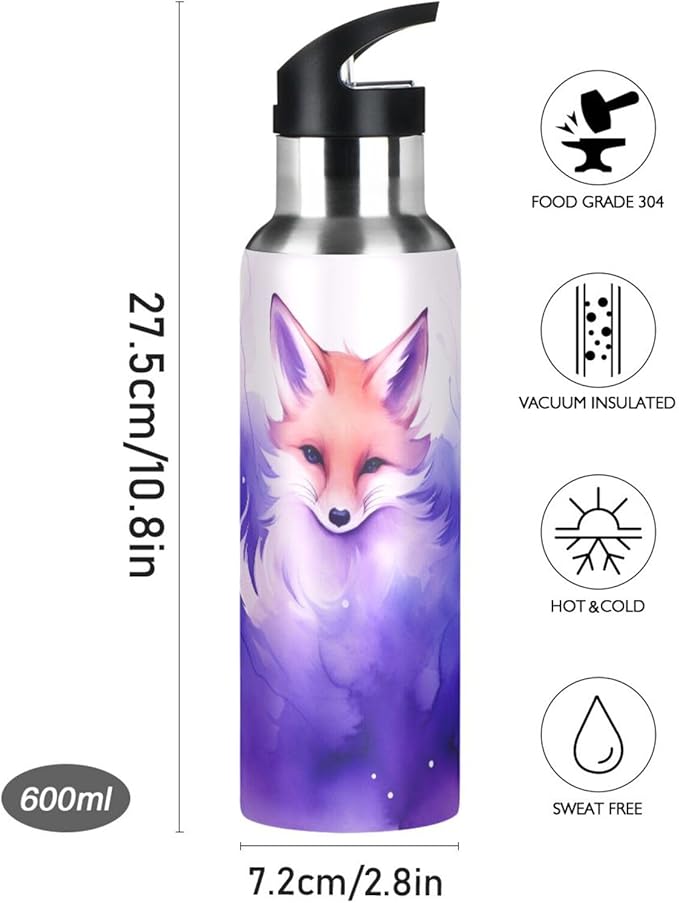 Fox Art Water Bottle with Straw Lid Kids Insulated Stainless Steel Water Flask Sports, 20 Oz Hot Cold
