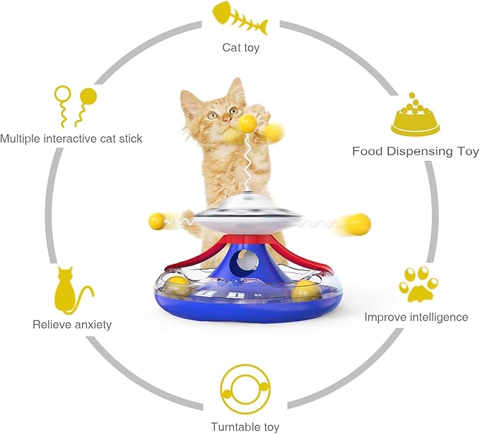 3 in 1 Interactive Cat Toys Balls Cat Fidget Spinner Treat Toys Windmill Cat Food Dispenser Toys Cat Slow Feeder Dry Food Cat Teaser Wand for Indoor Cats