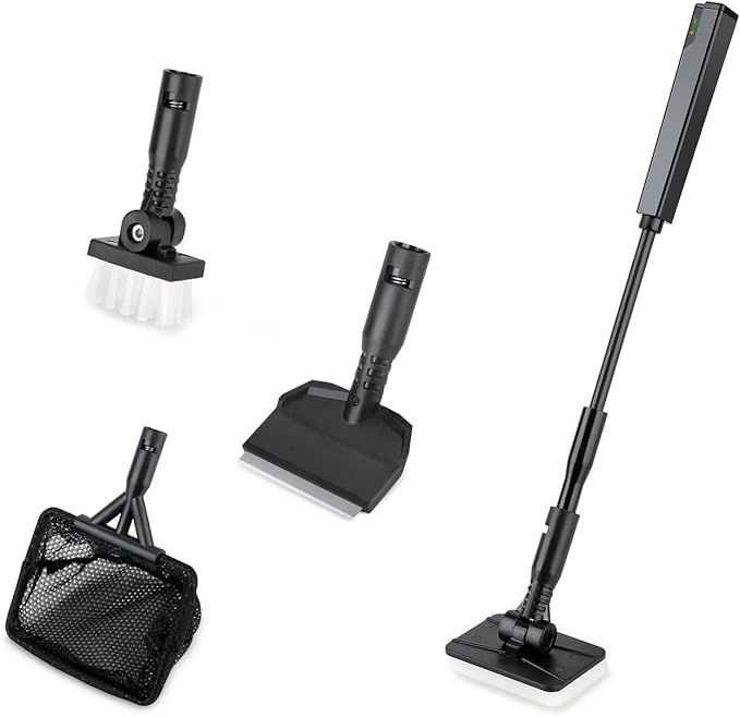 hygger Small Aquarium Cleaning Tools, 4 in 1 Fish Tank Cleaner Kit with Handle,Fish Net,Algae Scraper,Clean Brush,Flat Sponge