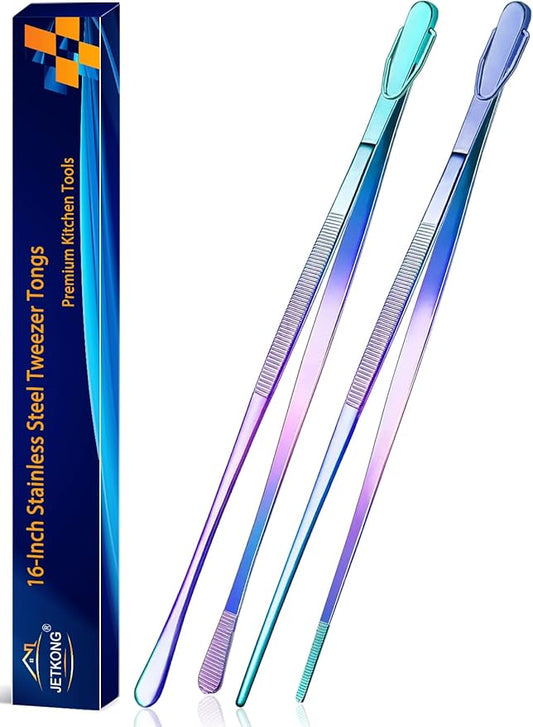 JETKONG 2 Pcs 16-Inch Stainless Steel Fine Tongs Extra Long Chopstick Tongs Long Kitchen Forceps for Cooking (Rainbow)