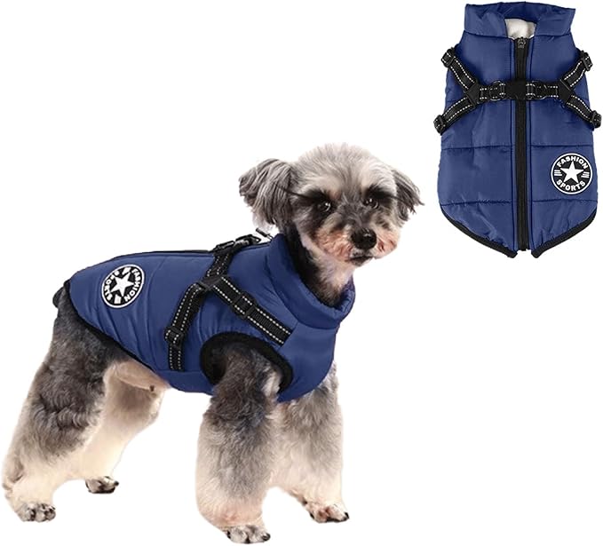 HDKUW Small Dog Jacket, Small Dog Coat Harness Winter Warm Vest Jacket Waterproof Cotton Costume for Puppy Small Dogs (L, Blue)
