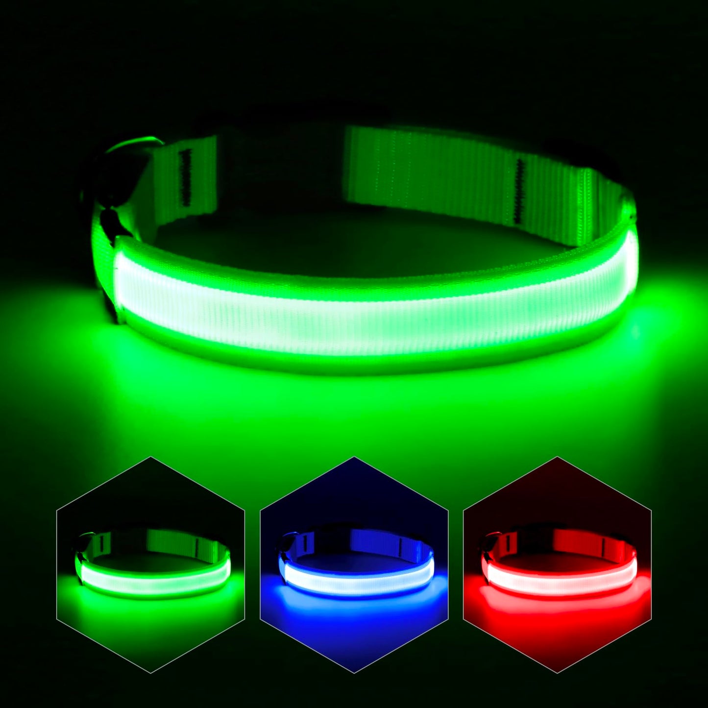 YFbrite Ultra Light Adjustable LED Dog Collar, Light up Dog Collars Rechargeable Glowing in The Dark Collars Visiblity & Safety for Small, Medium, Large Dogs (Green, Medium)