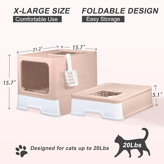 Upgrade Portable Litter Box, Top Entry Cat Box with Lid, No Leakage Kitty Box with Scoop and Mat, Easy Cleaning Cat Box Enclosure (Pink)