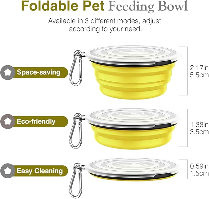 Pawaboo Collapsible Dog Bowls 2 Pack, Silicone Feeding Watering Bowls with Lids & Carabiners for Dogs Cats, Portable Water Feeder Food Bowl for Walking Traveling Home Use, Yellow + Black