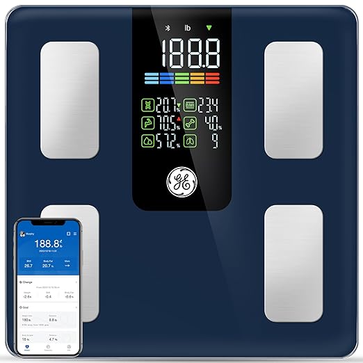 GE Scale for Body Weight Smart: Digital Bathroom Body Fat Scales 500lbs for BMI Muscle Bluetooth Smart Weight Monitor 11.8" Large Platform Weighing Machine Health Analyzer with App Dark Blue