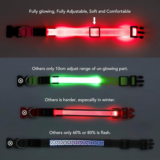 Light Up Dog Collar at Night, Led Dog Collar Adjustable, Lighted Dog Collar Rechargeable Waterproof, Dog Lights for Night Walking, Glow in The Dark Dog Collars Light for Medium Large Dogs PM