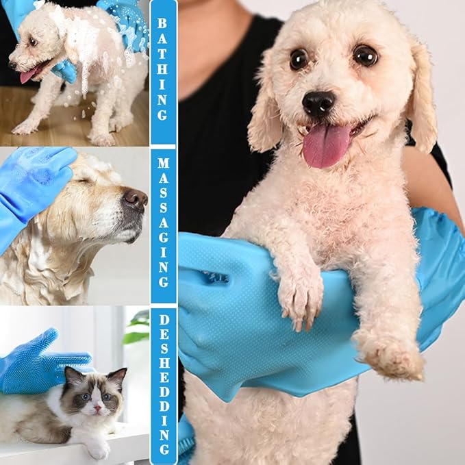 Pet Grooming Gloves Pet Hair Remover Cat, Dog Washing Gloves Silicone Heat Resistant Cleaning Gloves with High-Density Teeth Grooming Gloves for Dogs, Cats, Horses, Rabbits (2 Pairs - Blue)
