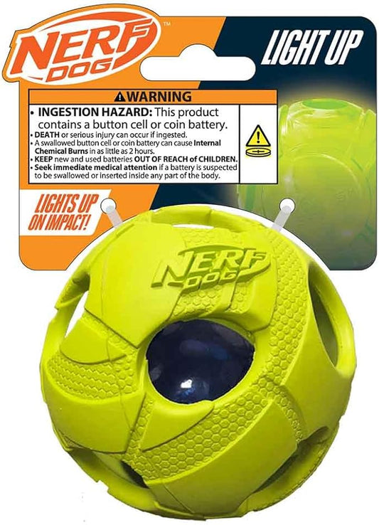 Nerf Dog Bash Ball Dog Toy with Interactive LED, Lightweight, Durable and Water Resistant, 3.5 Inches, for Medium/Large Breeds, Single Unit, Green