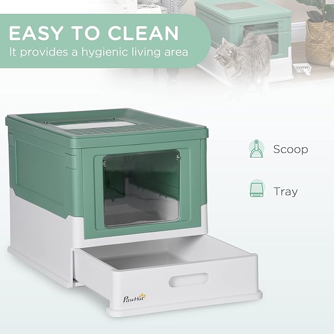 PawHut Fully Enclosed Litter Box with Scoop, Hooded Litter House with Drawer Tray, Foldable Smell Proof Cat Potty with Front Entry, Top Exit, Portable Pet Toilet with Large Space, Green