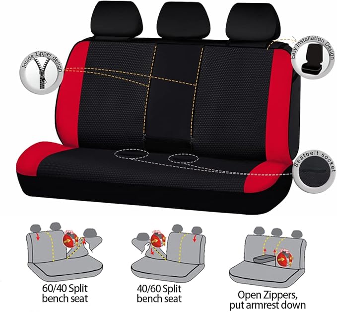 Flying Banner Neoprene Rear Bench car seat Covers car seat Protectors Split 40/60 60/40 (Red & Black, Neoprene)