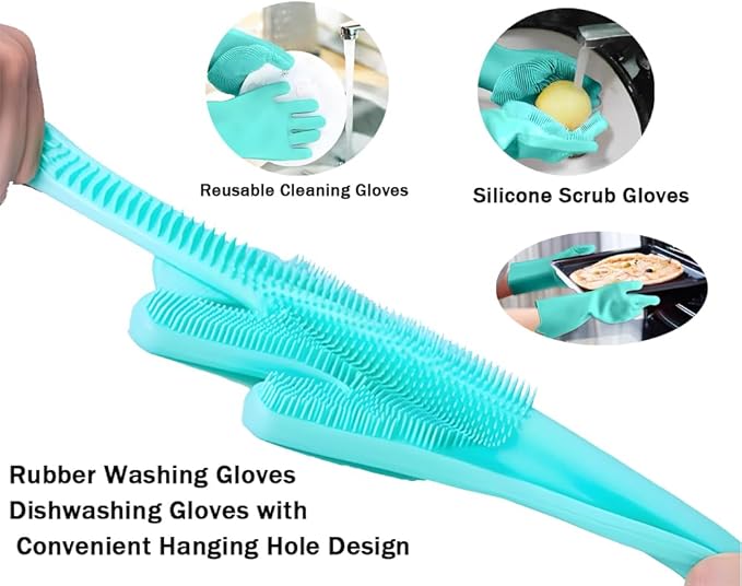 2 pairs Silicone Dishwashing & Pet Grooming Gloves - 2-in-1 Heat Resistant Gloves with High-Density Teeth, Enhanced Five Finger Design for Bathing, Cleaning Dishes, Cars, Dogs & Cats(Green)
