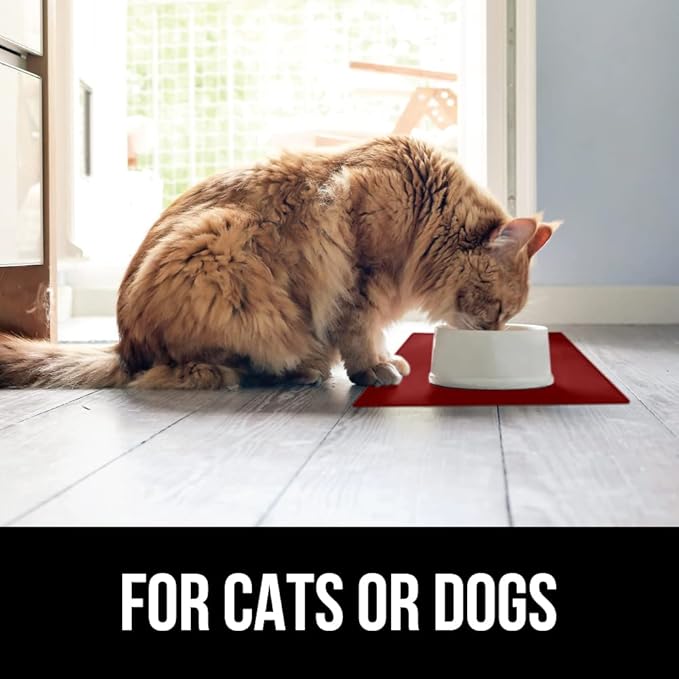 GORILLA GRIP 100% Waterproof Raised Edge BPA Free Silicone Pet Feeding Mat, Dog Cat Food Mats Contain Spills Protects Floors, Placemats for Cats and Dogs Water Bowl, Pets Accessories 23x15 Red