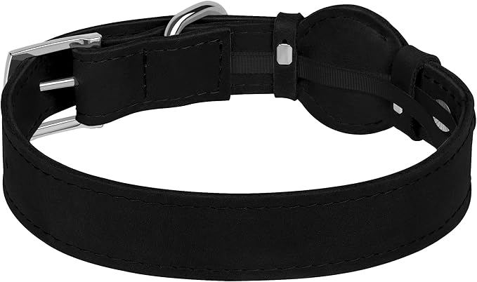 Leather Dog Collar with Airtag Holder - Apple AirTag Dog Collars - Soft Tracking Smart GPS Pet Collar for Small Medium Large Dogs Puppy (Black, M, 12"-15" Neck Fit)