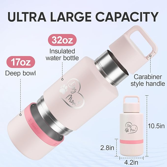 Insulated Dog Water Bottle with Travel Bowl, Dog Lover Gift, Portable Water Bottle Dispenser, Accessories for Car, Hiking, Camping, Outdoor, Leak-Proof, Detachable (DogMom-PalePink)