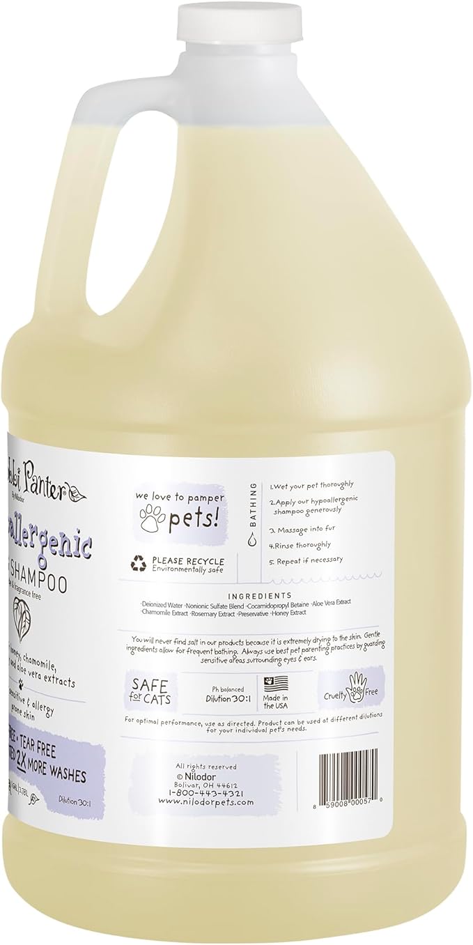 Bobbi Panter Hypoallergenic Dog Shampoo 1 Gal., Dye & Fragrance-Free, Paraben-Free, pH Balanced, Tear-Free, Aloe Vera & Honey Extract, Made in USA, Concentrated 30:1, Made in The USA