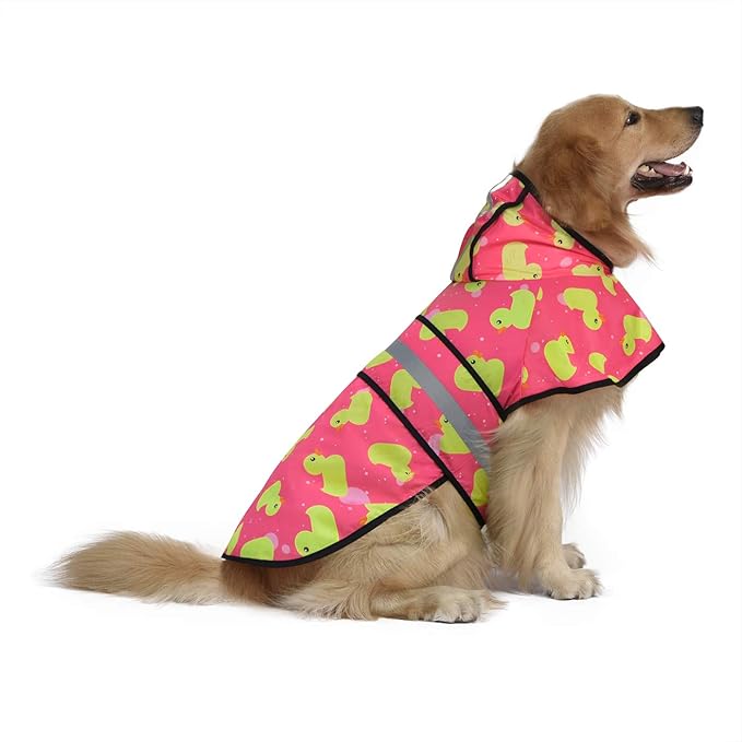 HDE Dog Raincoat Jacket Reflective Adjustable Hooded Pet Poncho Rain Coat with Leash Hole for Small to X-Large Dogs Pink Ducks - XL